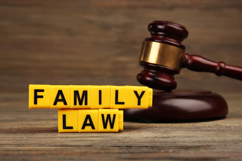 A gavel and blocks with letters regarding family-law